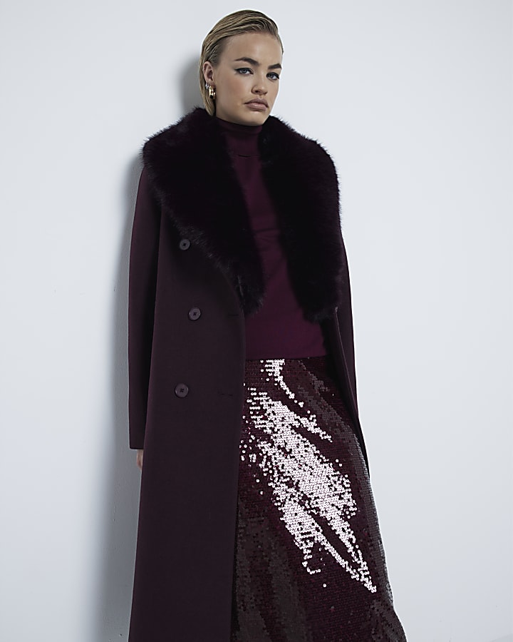 Red Faux Fur Collar Double Breasted Coat
