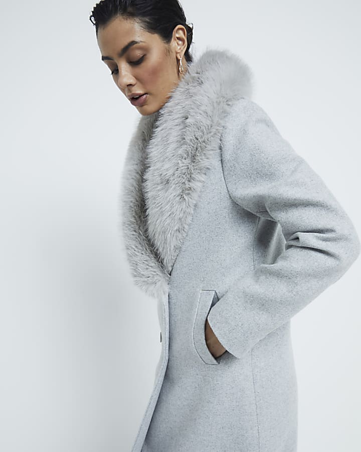 Grey Double Breasted Faux Fur Collar Coat