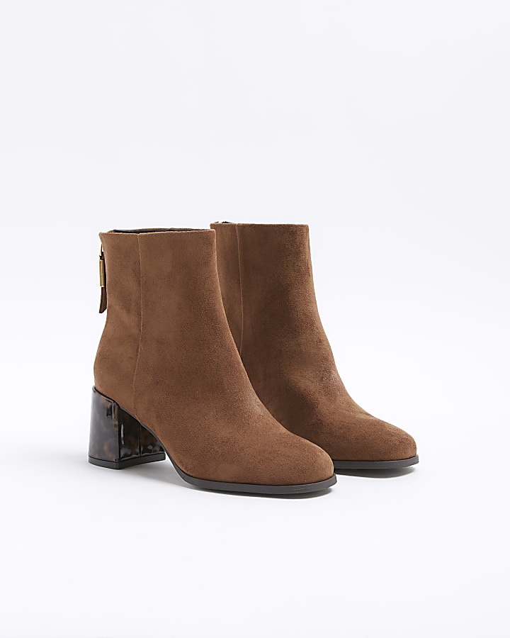 Brown wide fit suedette block heeled boots