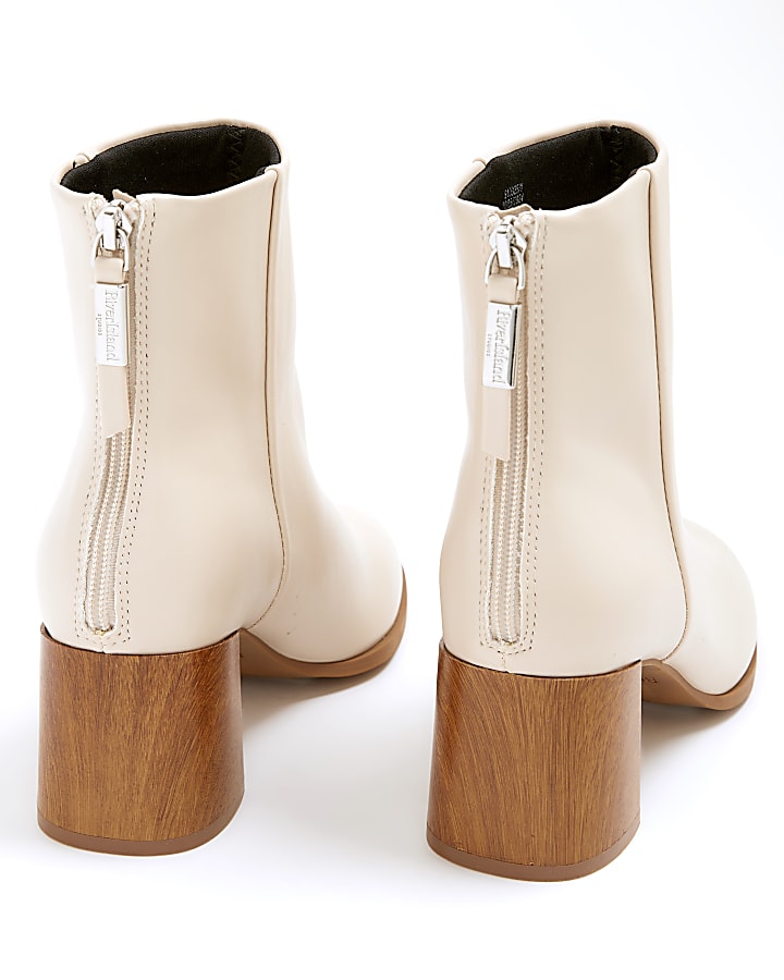 Cream wide fit block heeled ankle boots