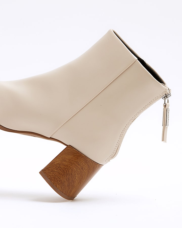 Cream wide fit block heeled ankle boots