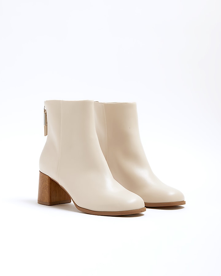 Cream wide fit block heeled ankle boots