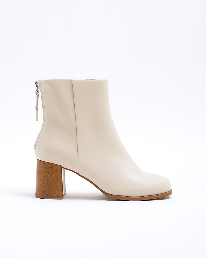 Cream wide fit block heeled ankle boots