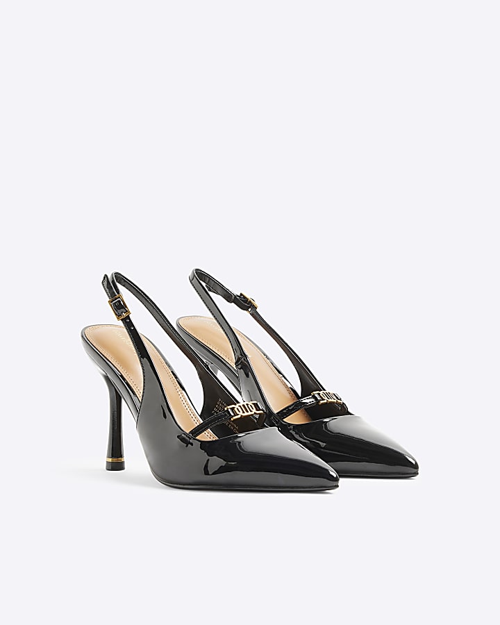 Black patent sling back heeled court shoes