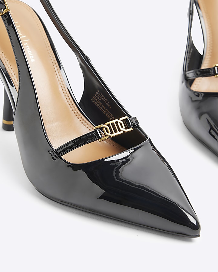 Black patent sling back heeled court shoes