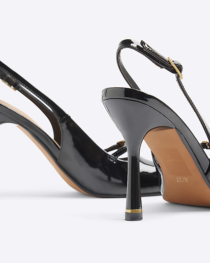 Black patent sling back heeled court shoes