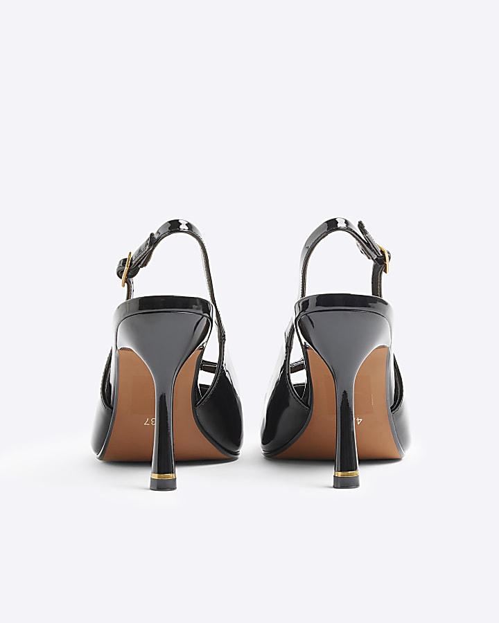 Black patent sling back heeled court shoes