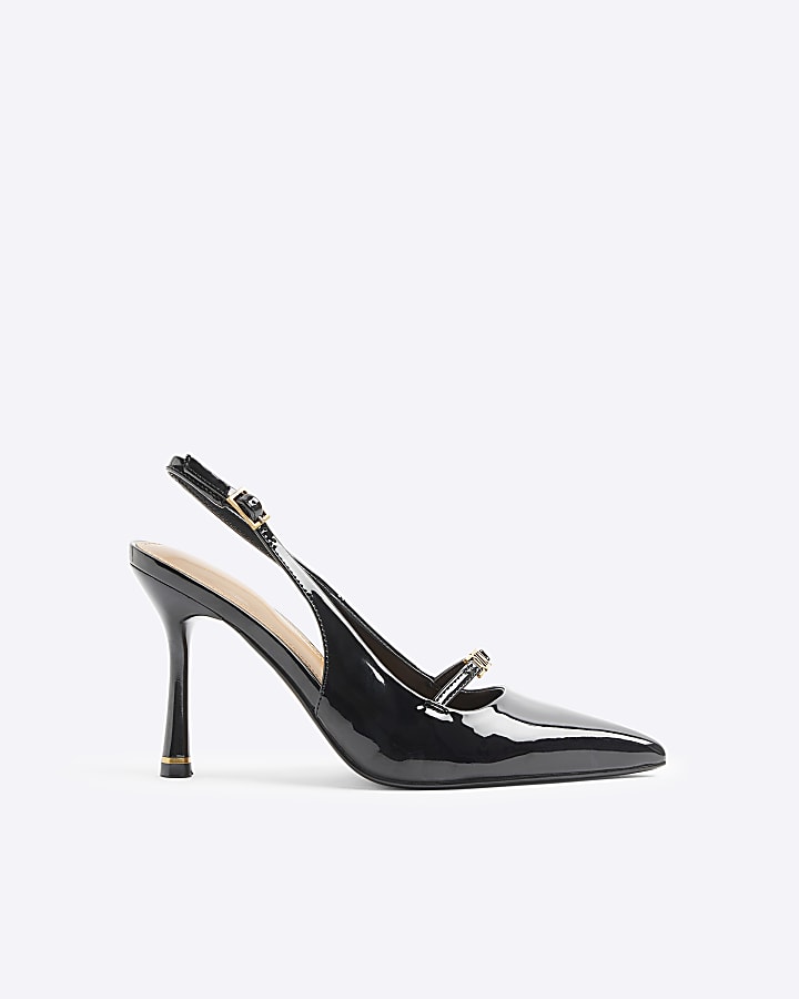Black patent sling back heeled court shoes
