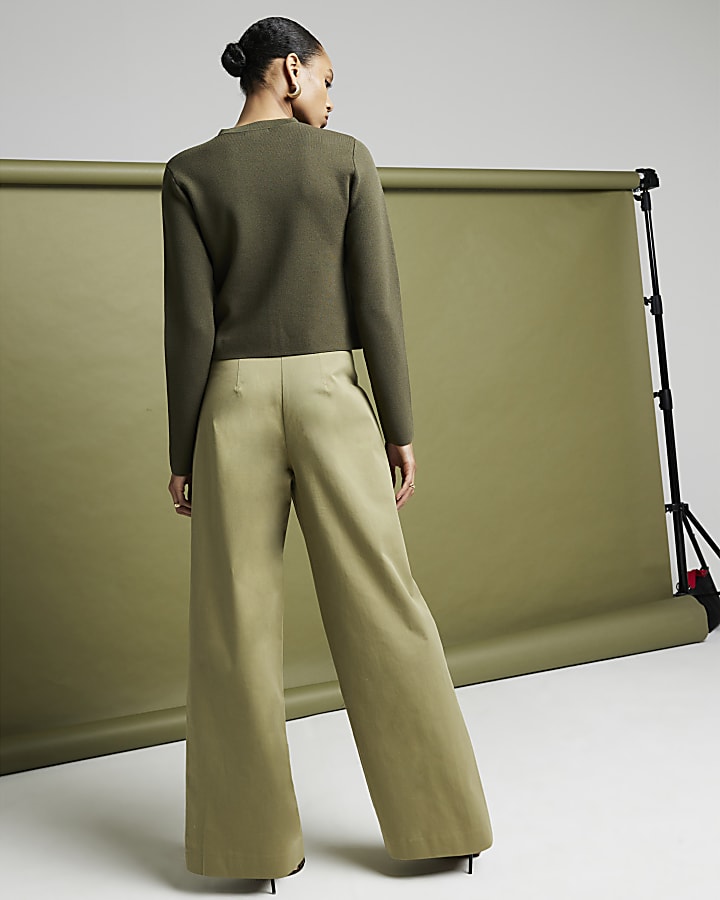 Khaki High Waisted Wide Leg Trousers