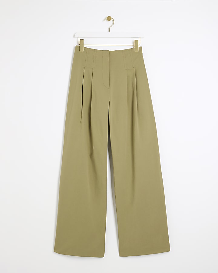 Khaki High Waisted Wide Leg Trousers