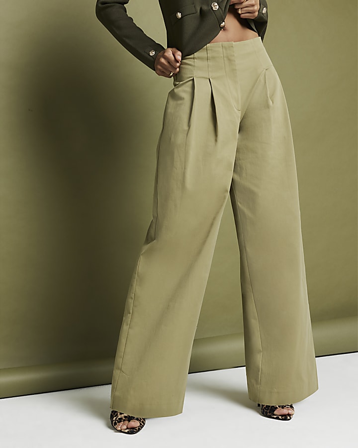 Khaki High Waisted Wide Leg Trousers