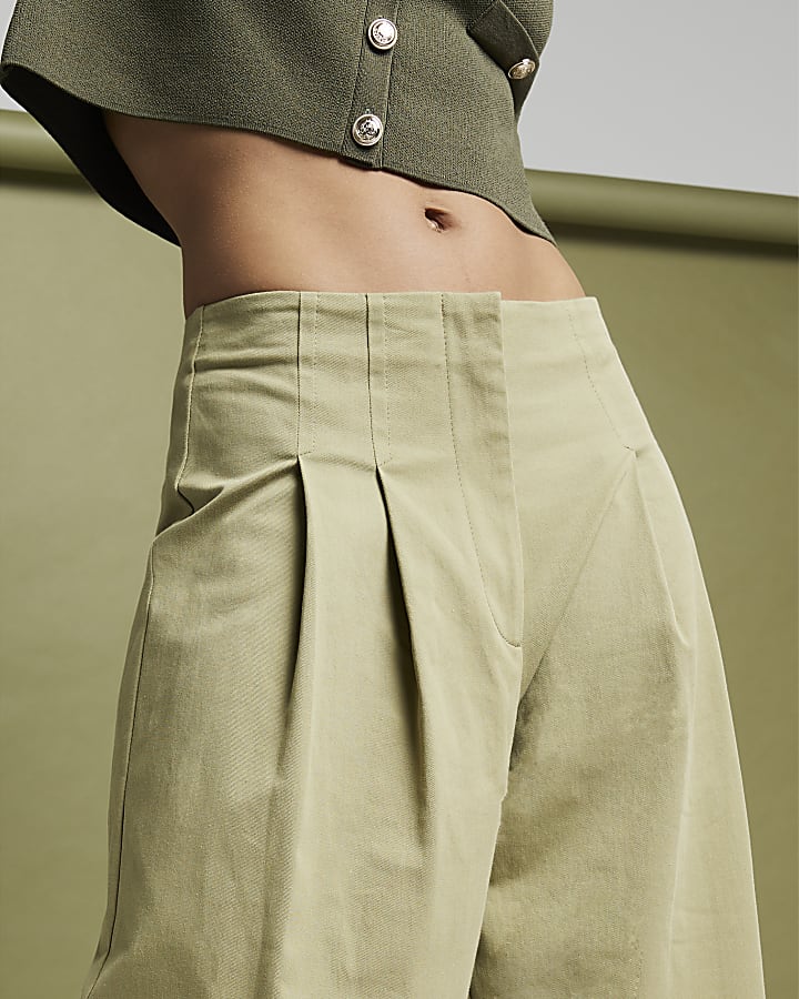 Khaki High Waisted Wide Leg Trousers