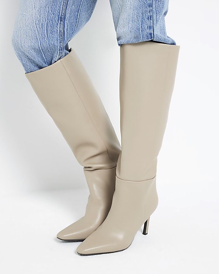 Beige Wide Fit Straight Knee High Boots