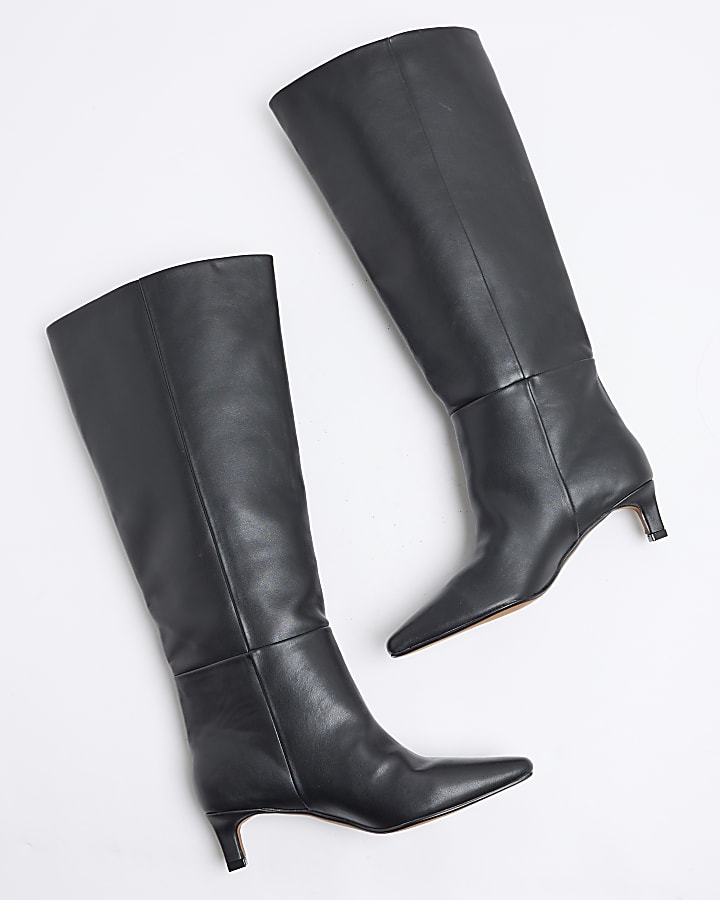 Black Wide Fit Knee High Kitten Heel Boots