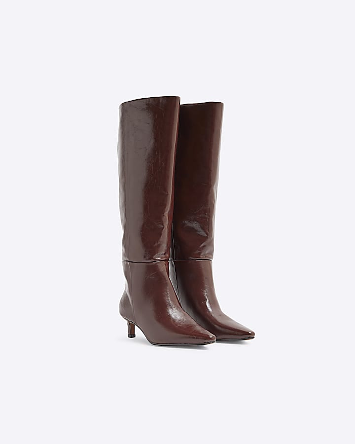 Red Wide Fit Knee High Kitten Heel Boots