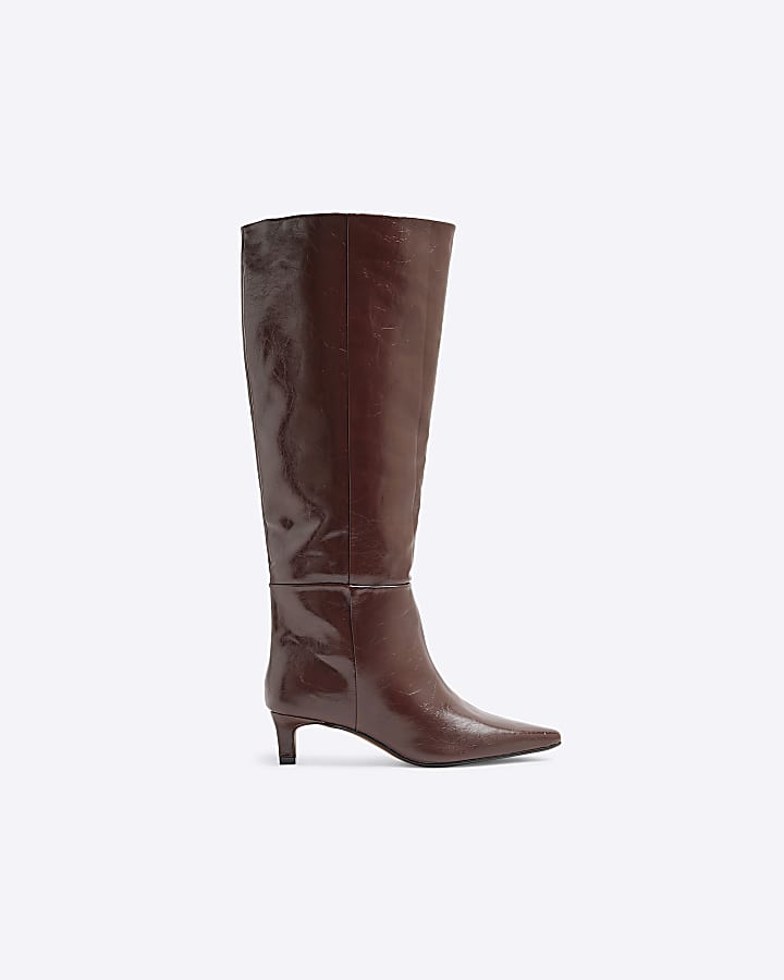 Red Wide Fit Knee High Kitten Heel Boots