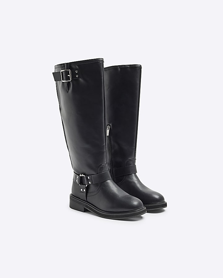 Black Wide fit High Leg Biker Boots