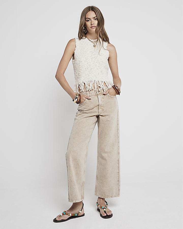 Cream knitted fringe vest top