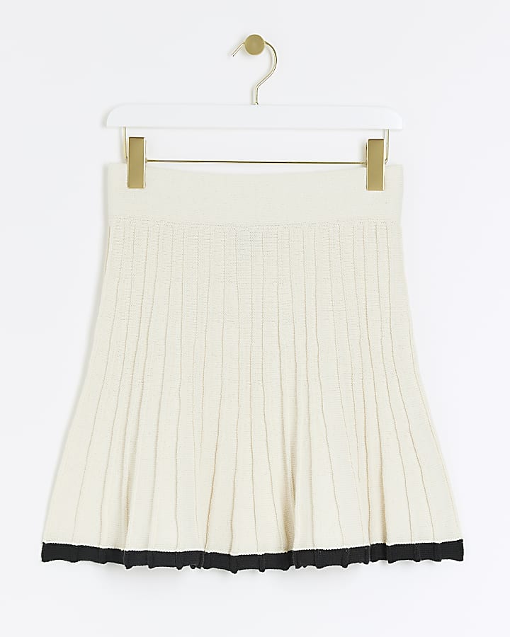 Cream knit pleated mini skirt