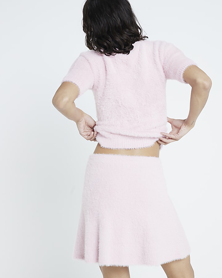 Pink fluffy knit mini skirt