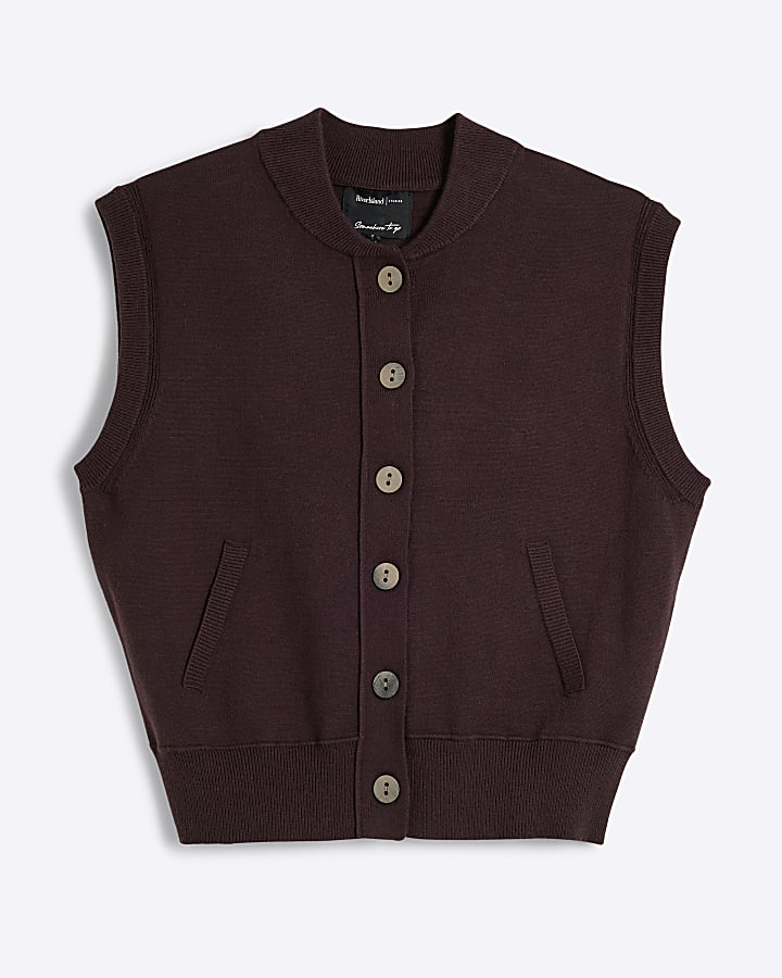 Brown Sleeveless Buttoned Cardigan