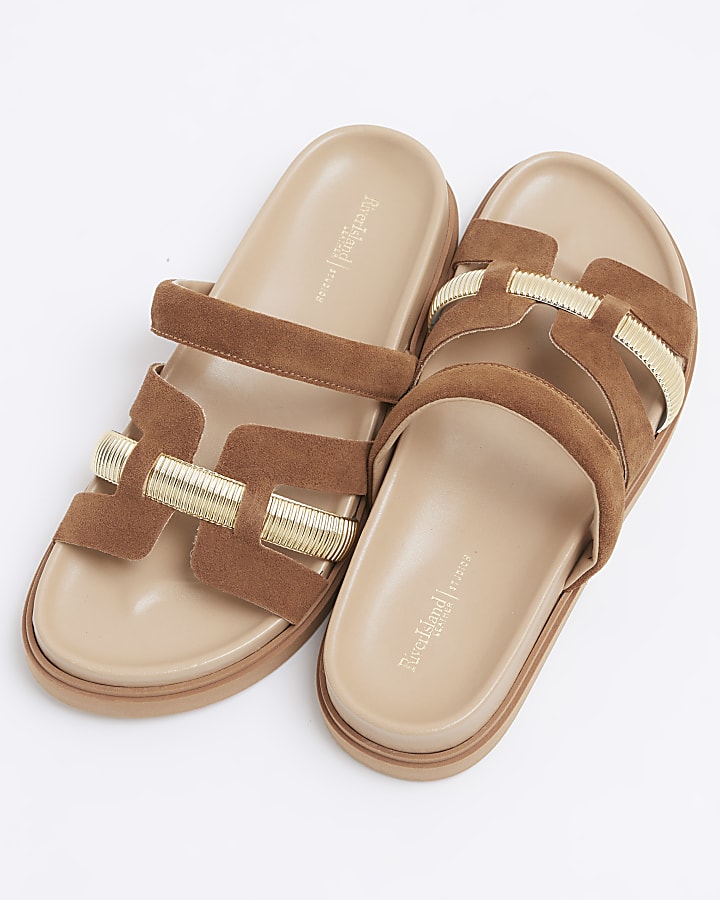 Brown cut out hardware strap leather sandals