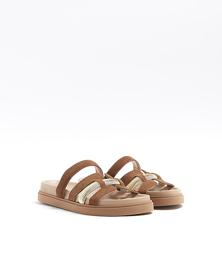 Brown cut out hardware strap leather sandals