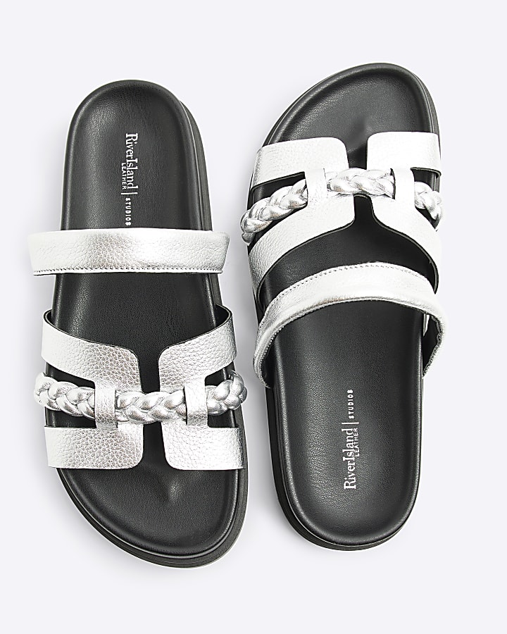 Silver cut out hardware strap leather sandals
