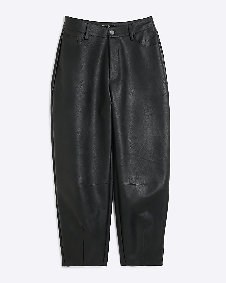 Black Faux Leather Barrel Leg Trousers