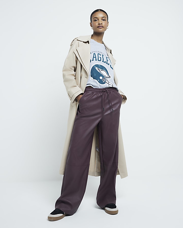 Purple Faux Leather Wide Leg Trousers