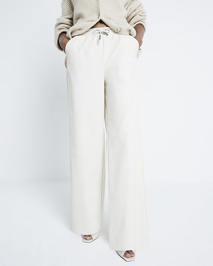 Stone faux leather wide leg trousers