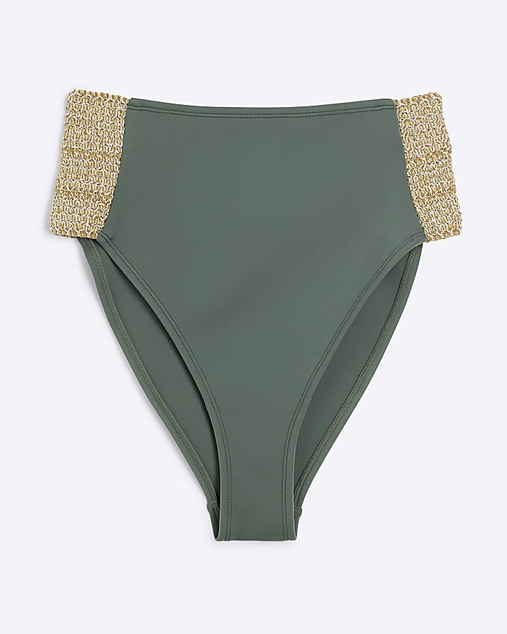 Khaki Elastic High Waisted Bikini Bottoms