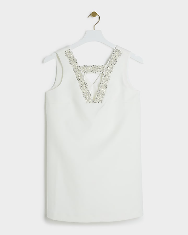 Petite white embellished shift mini dress