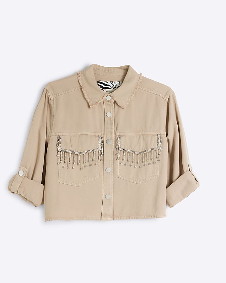 Beige denim embellished roll sleeve shirt