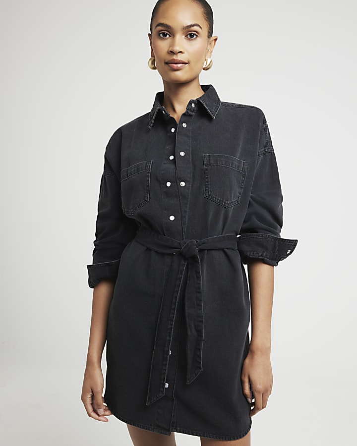 Black belted denim mini shirt dress