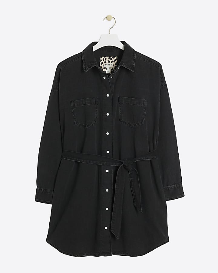 Black belted denim mini shirt dress