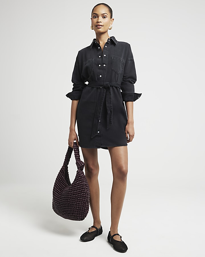 Black belted denim mini shirt dress River Island