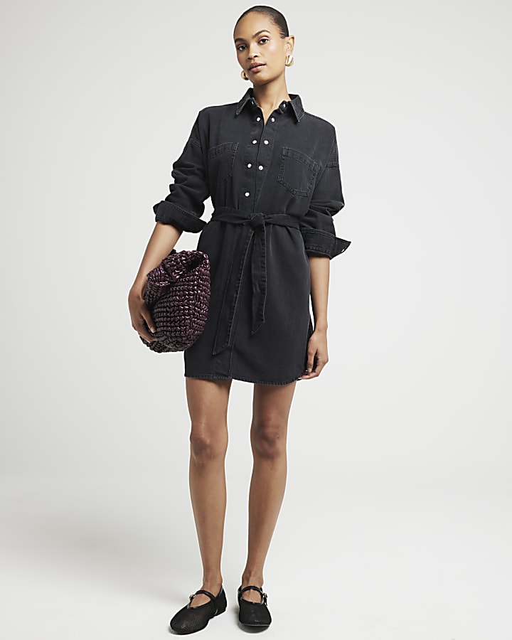 Black belted denim mini shirt dress