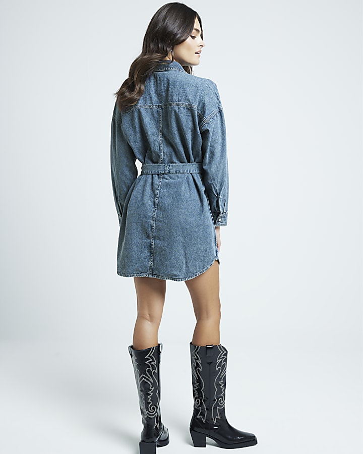 Blue denim belted mini shirt dress