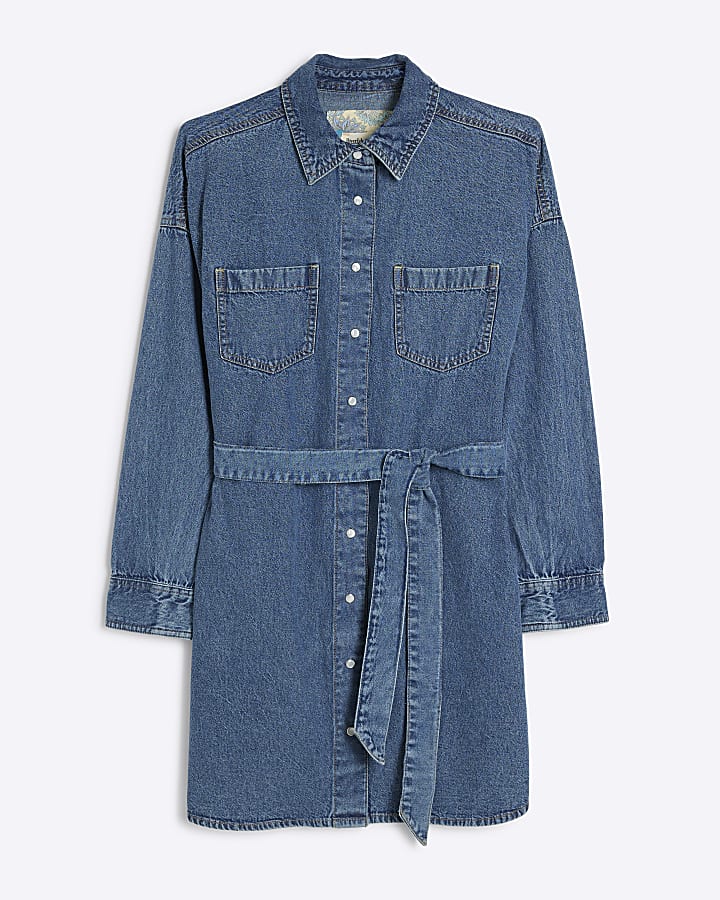 Blue denim belted mini shirt dress