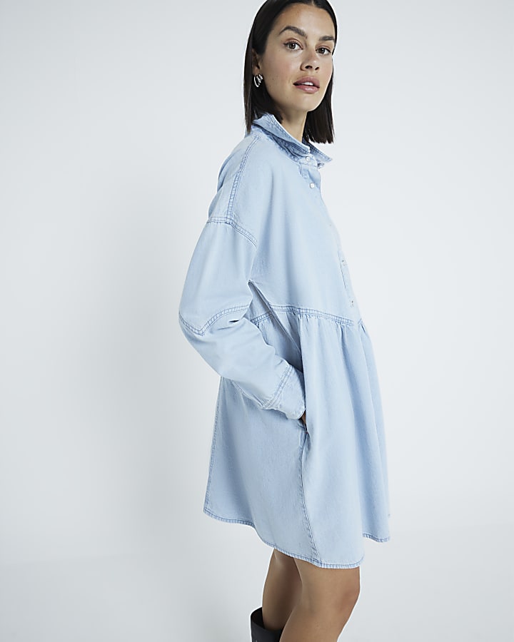 Blue denim seamed shirt dress