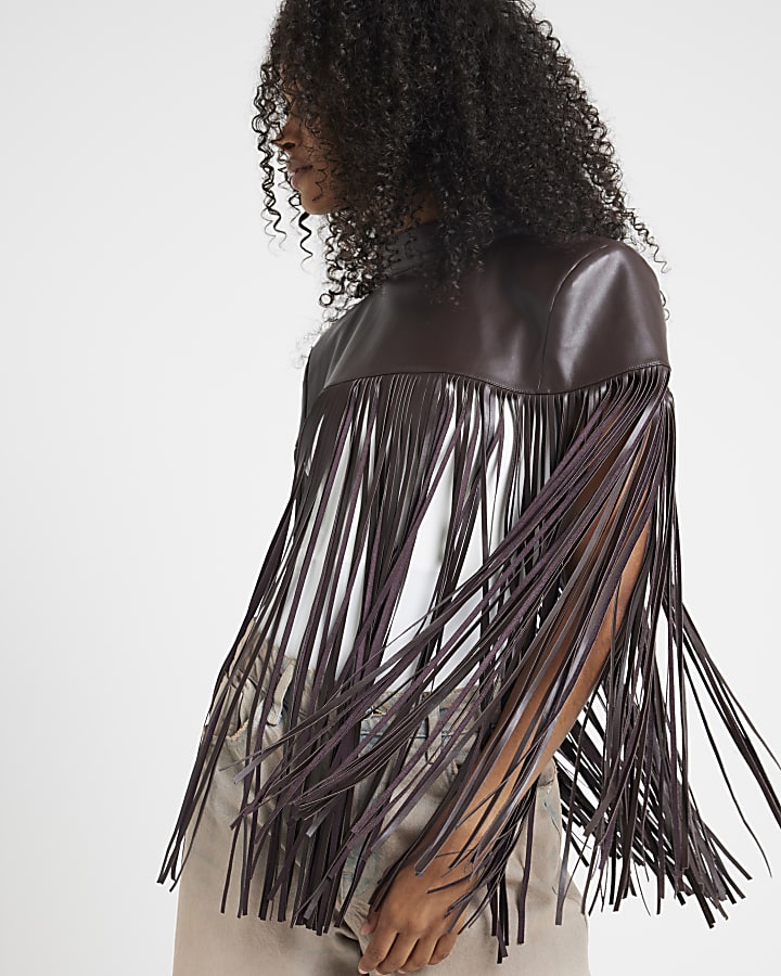 Brown faux leather tassel hem cape