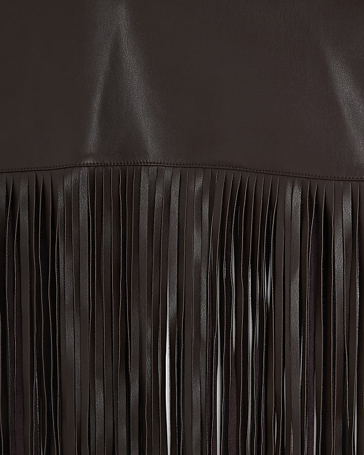 Brown faux leather tassel hem cape