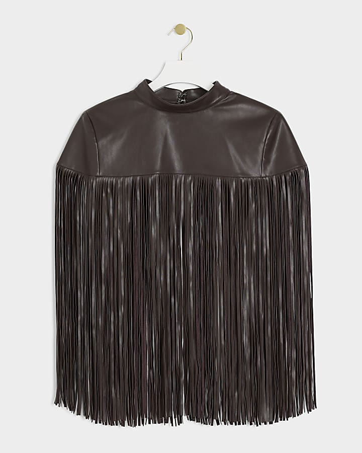 Brown faux leather tassel hem cape