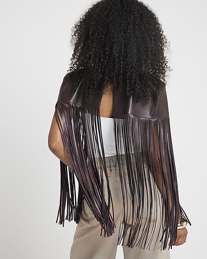 Brown faux leather tassel hem cape