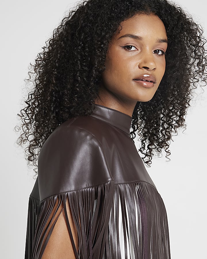 Brown faux leather tassel hem cape