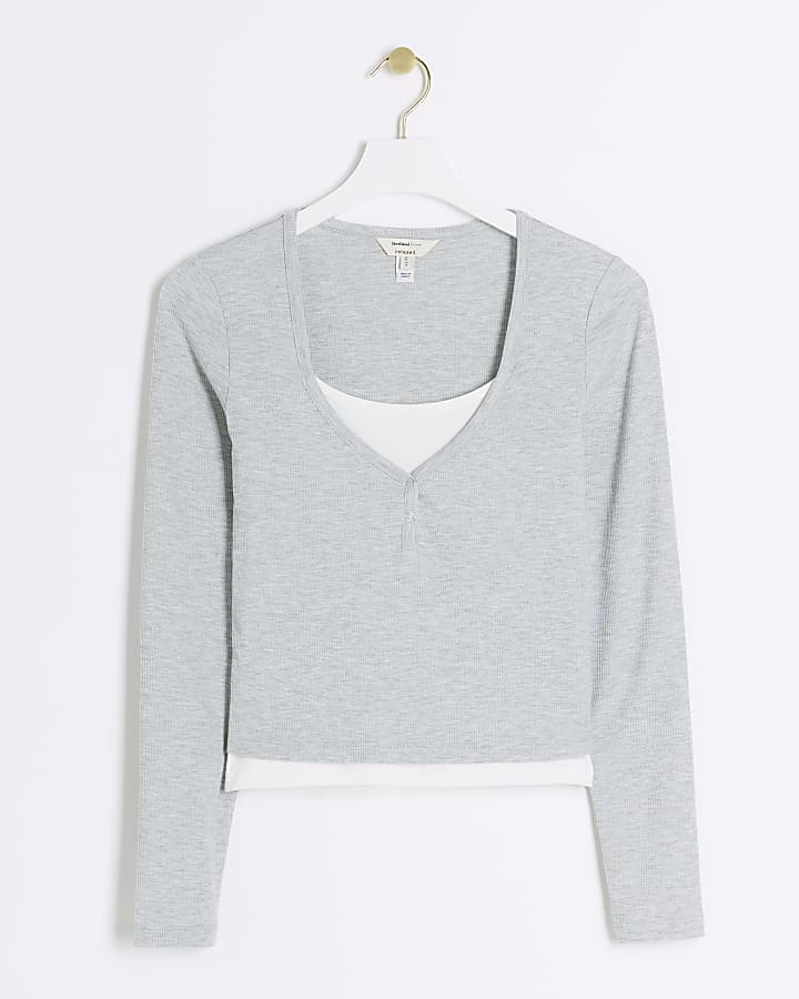 Grey 2 in 1 Long Sleeve Ribbed Top