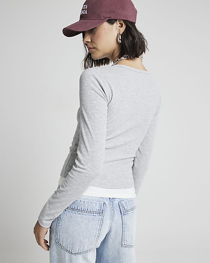 Grey 2 in 1 Long Sleeve Ribbed Top