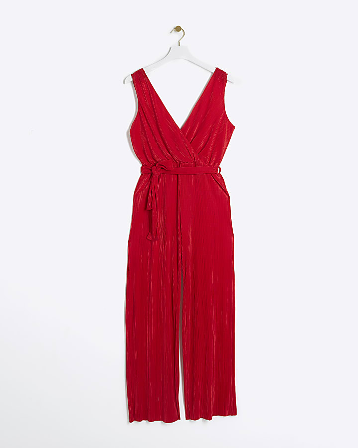 Red Belted Plisse Jumpsuit