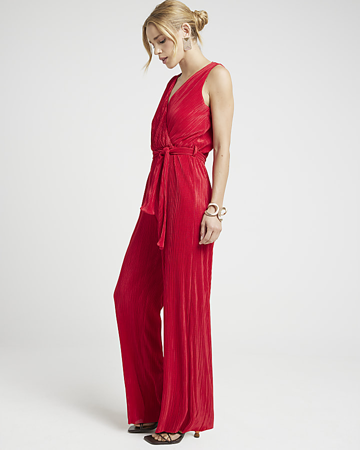 Red Belted Plisse Jumpsuit River Island